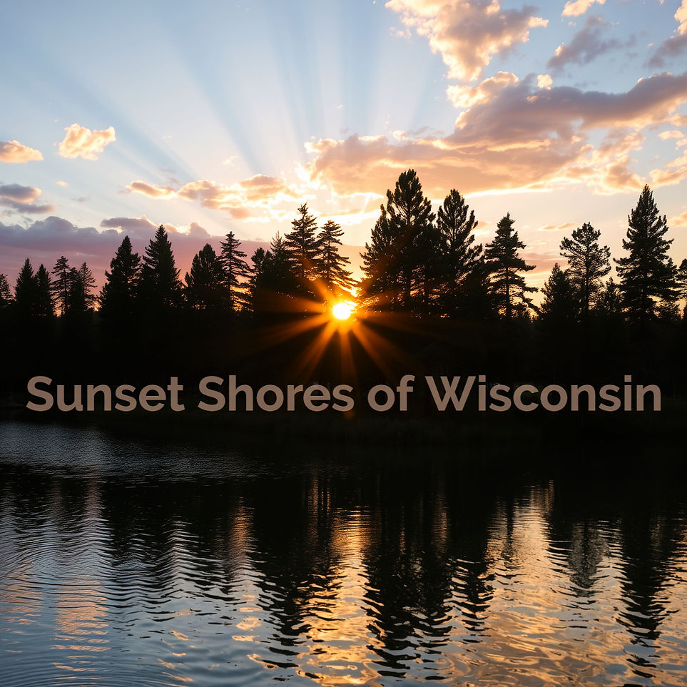 sunset landscape with pine trees in background on a lake with sunrays peaking through tree