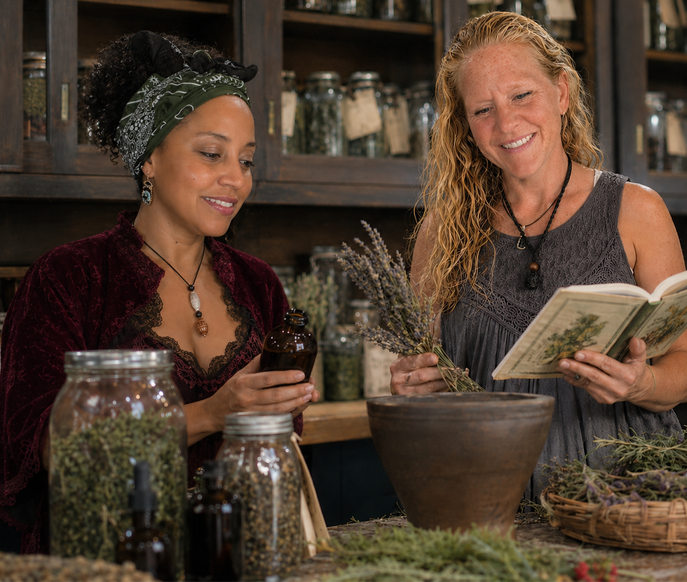 Soul Aurum founder surrounded by botanical skincare ingredients.