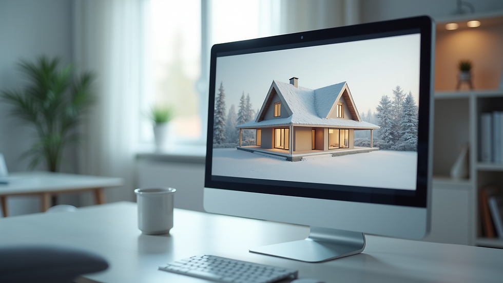 Eye-level view of a 3D house model on a computer screen