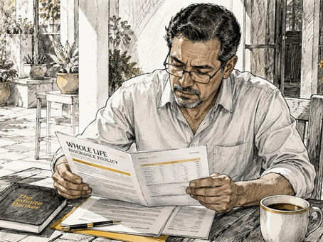 Man reviewing whole life insurance document at desk