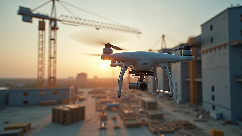 Eye-level view of drone surveying a large construction site