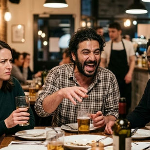 Five people sit around a table with drinks, one laughing, others looking displeased. Brick wall and hanging lights create a cozy setting.