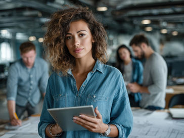 Woman with curly hair holds a tablet in an office. Three people work in the background, focusing on documents. Casual, professional setting.