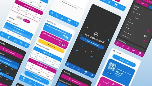 Arranmore Ferry mobile app screens: schedules, tickets, dashboard