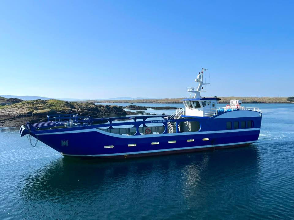 Blue and white passenger boat on water