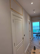 Interior door installation, recessed lighting, herringbone floor