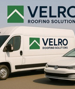 Velro Roofing Solutions logo on a white van and car. Velro Roofing Solutions.