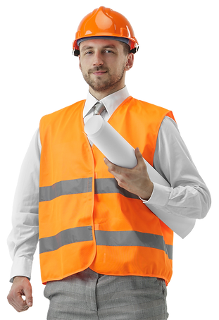 Male construction worker wearing a safety vest and hard hat holding blueprints.