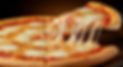 Pizza slice being lifted showing melted cheese with delicious looking pizza in background.