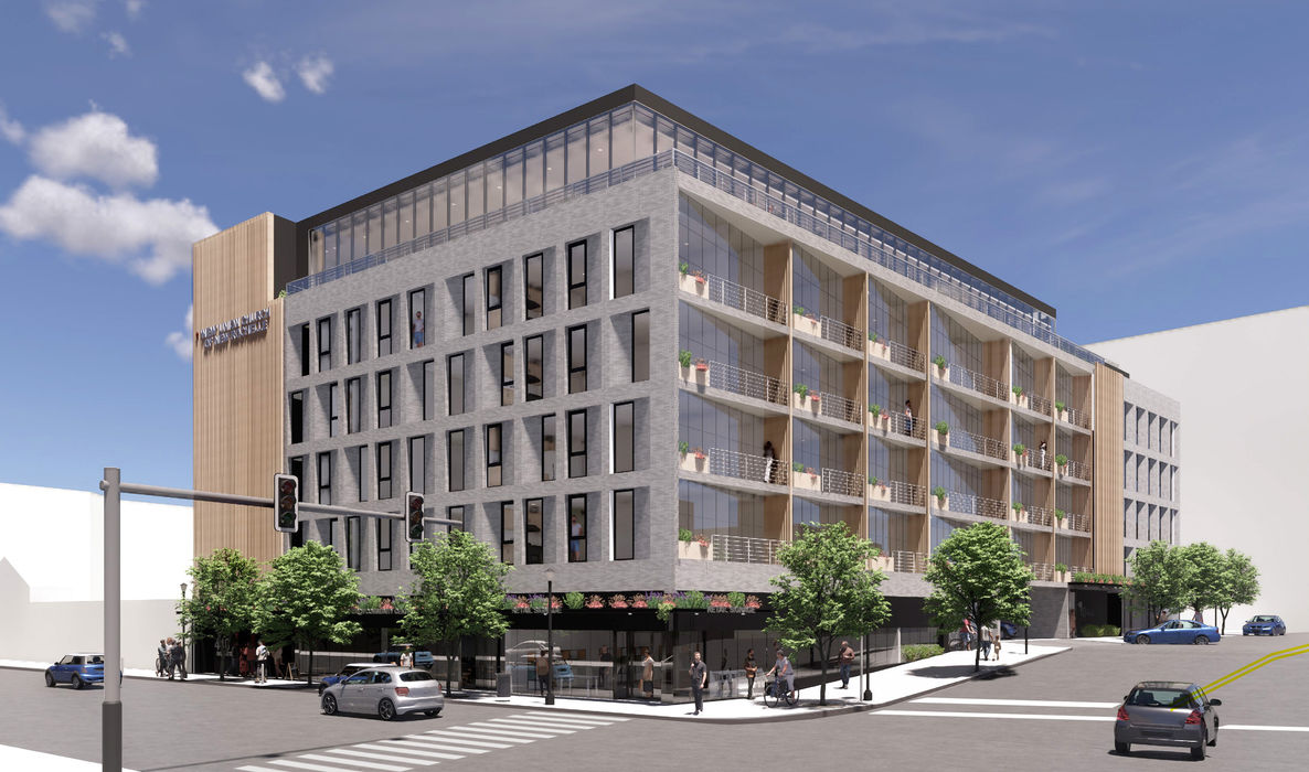 Senior Affordable Housing Designed By Anderson Alexander Architects at 438 Main Street in New Rochelle New York. Union Baptist Church on the Top Floor.