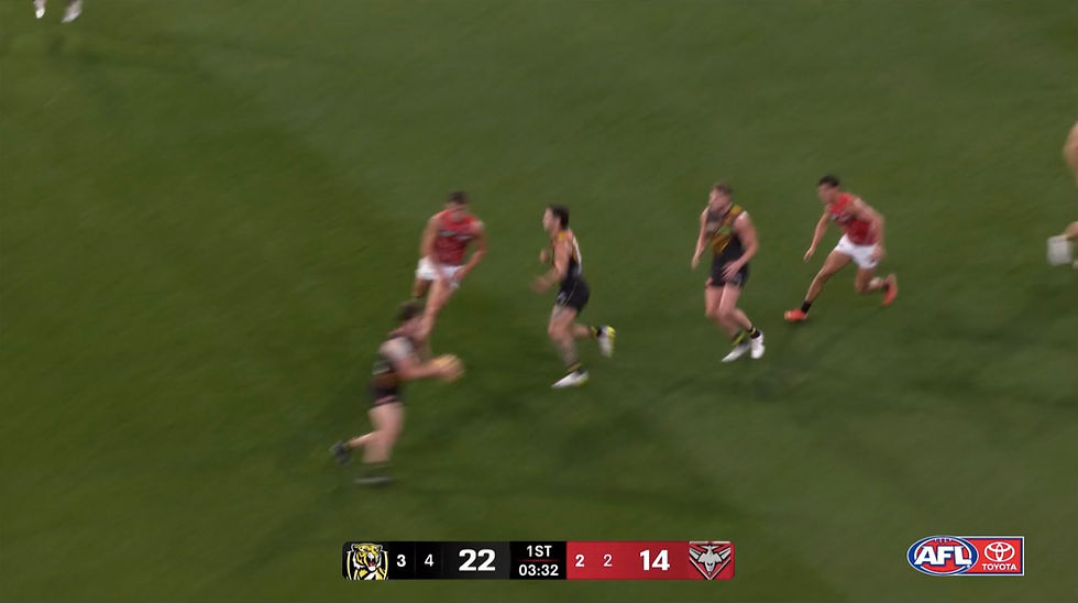 Taranto had over 50 metres lost in territory mainly from handballing backwards from stoppage. Vision Channel 7, AFL