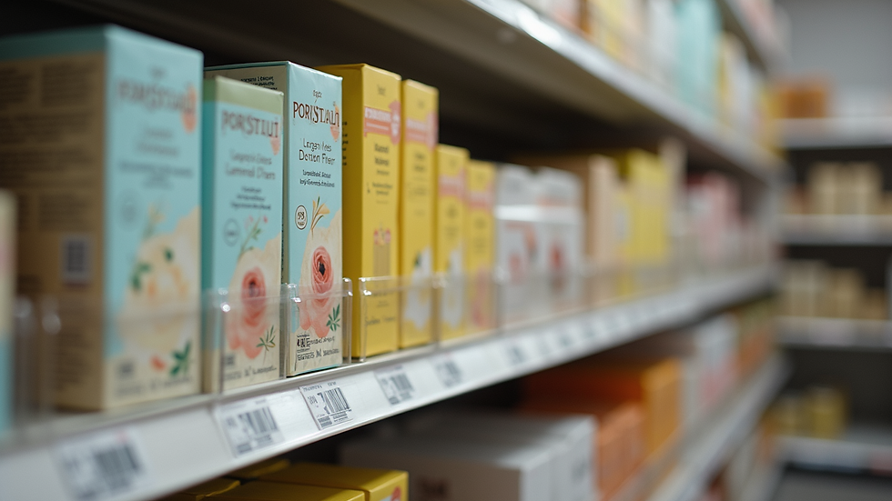 Eye-level view of a retail shelf with neatly arranged branded packaging
