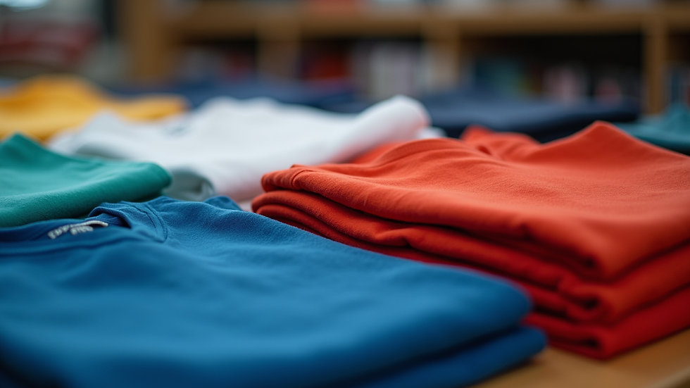 Eye-level view of a neatly folded stack of custom company logo t-shirts in various colors