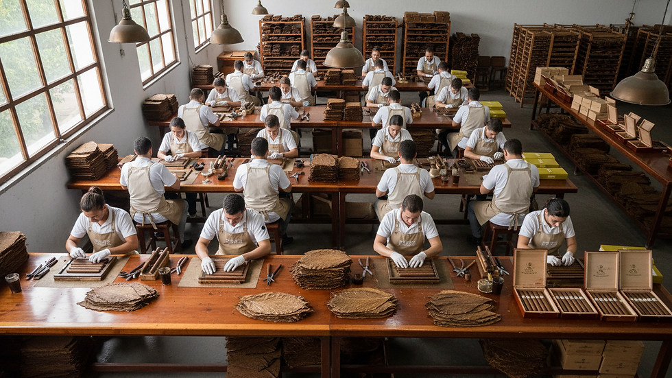 High angle view of cigar factory production line with workers rolling cigars