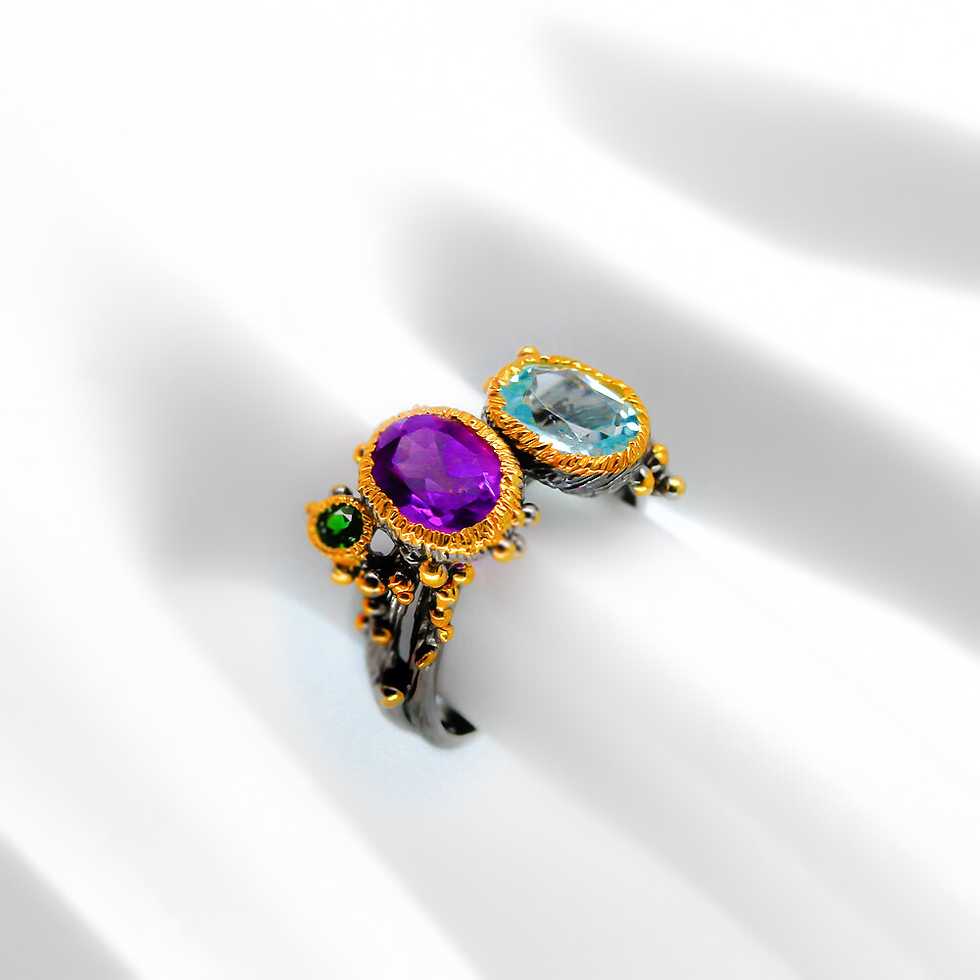Thumbnail: Natural Blue Topaz and Amethyst 925 Sterling Silver Ring handmade design