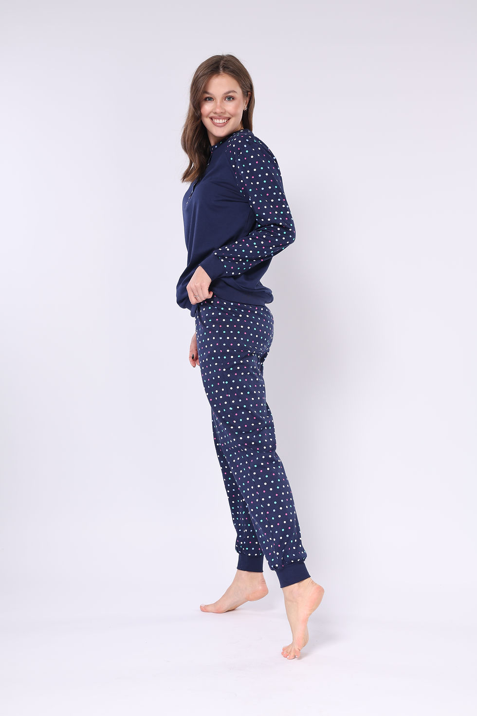 Küçük resim: Lacivert - Fuşya Yeşil Puanlı -Düğme Patlı Yaka -Uzun Kollu- Kadın Pijama Takımı