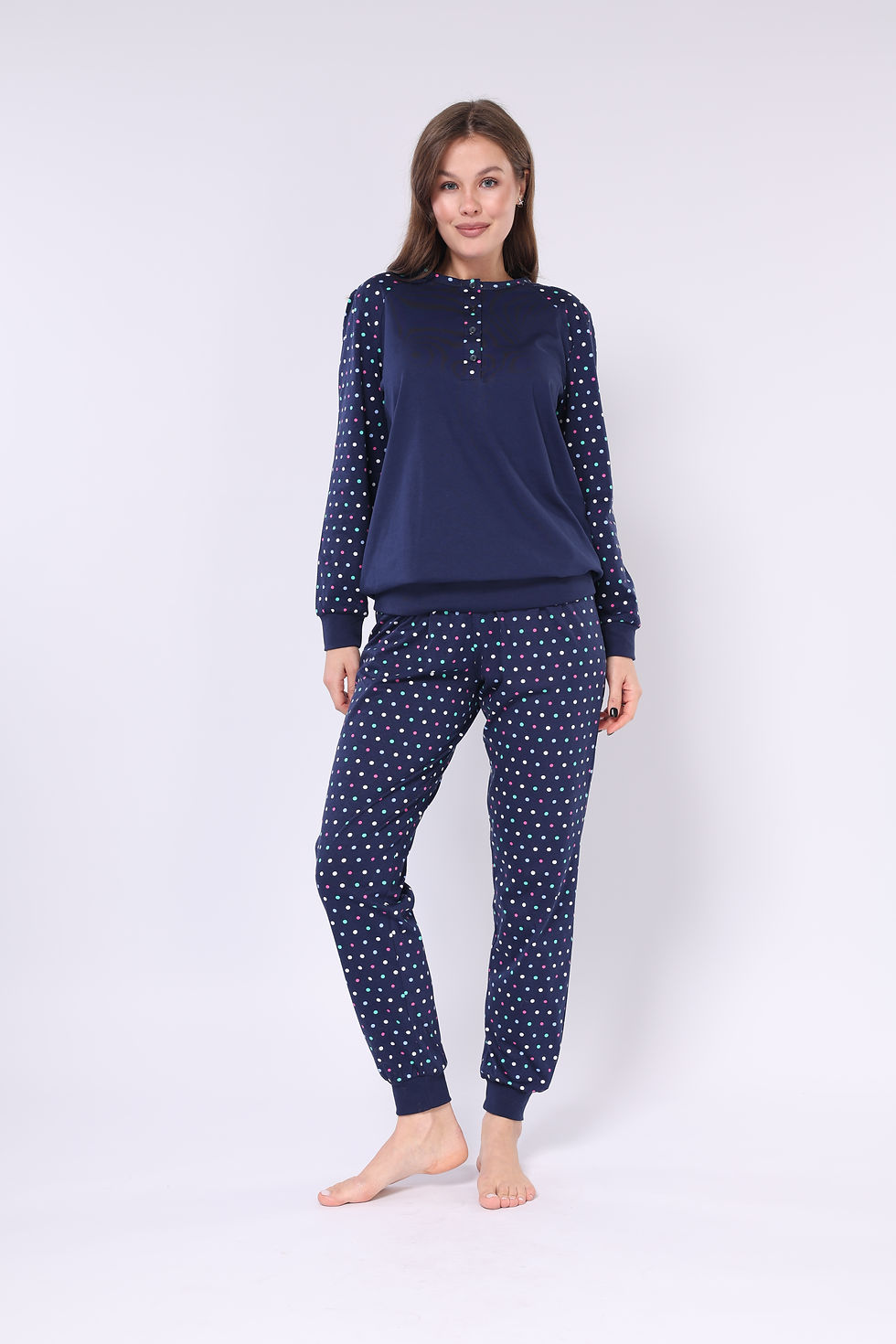 Küçük resim: Lacivert - Fuşya Yeşil Puanlı -Düğme Patlı Yaka -Uzun Kollu- Kadın Pijama Takımı