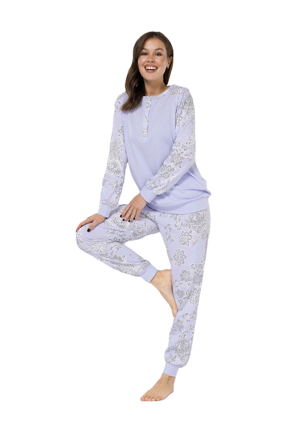 Küçük resim: Lila Şal Desenli - Düğme Patlı Yaka - Uzun Kollu - Kadın Pijama Takımı
