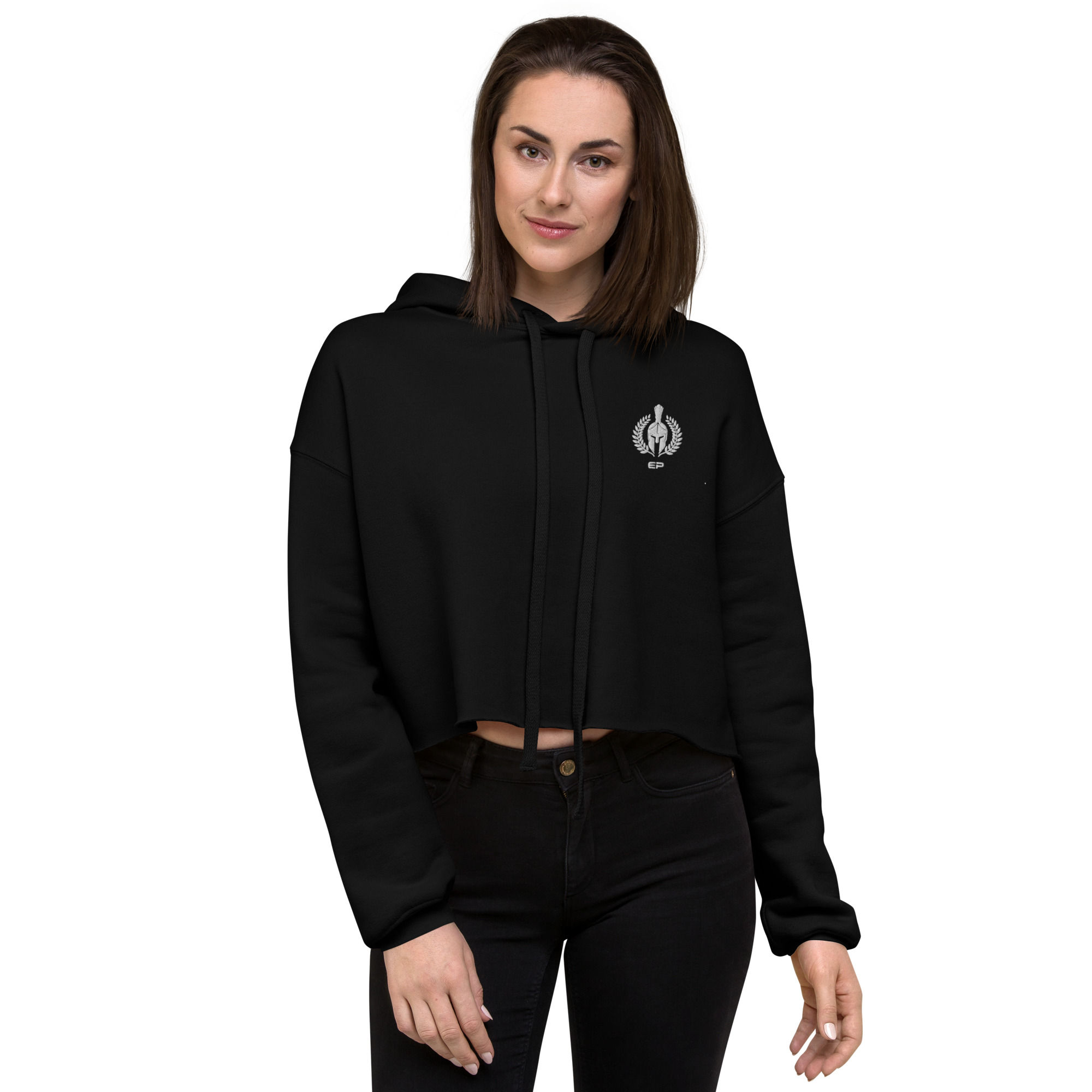 Woman wearing black cropped hoodie with logo