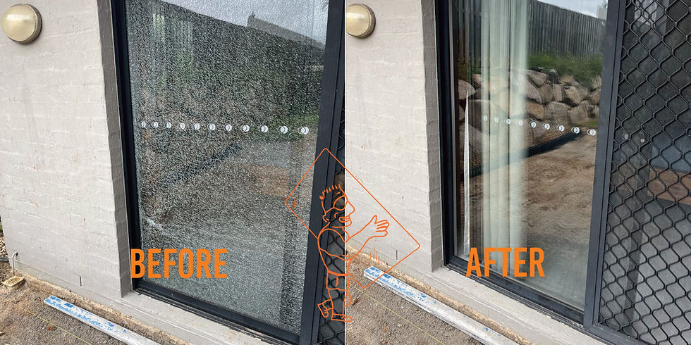 Split before-after of a cracked sliding glass door replaced by clear glassl, labeled BEFORE and AFTER.