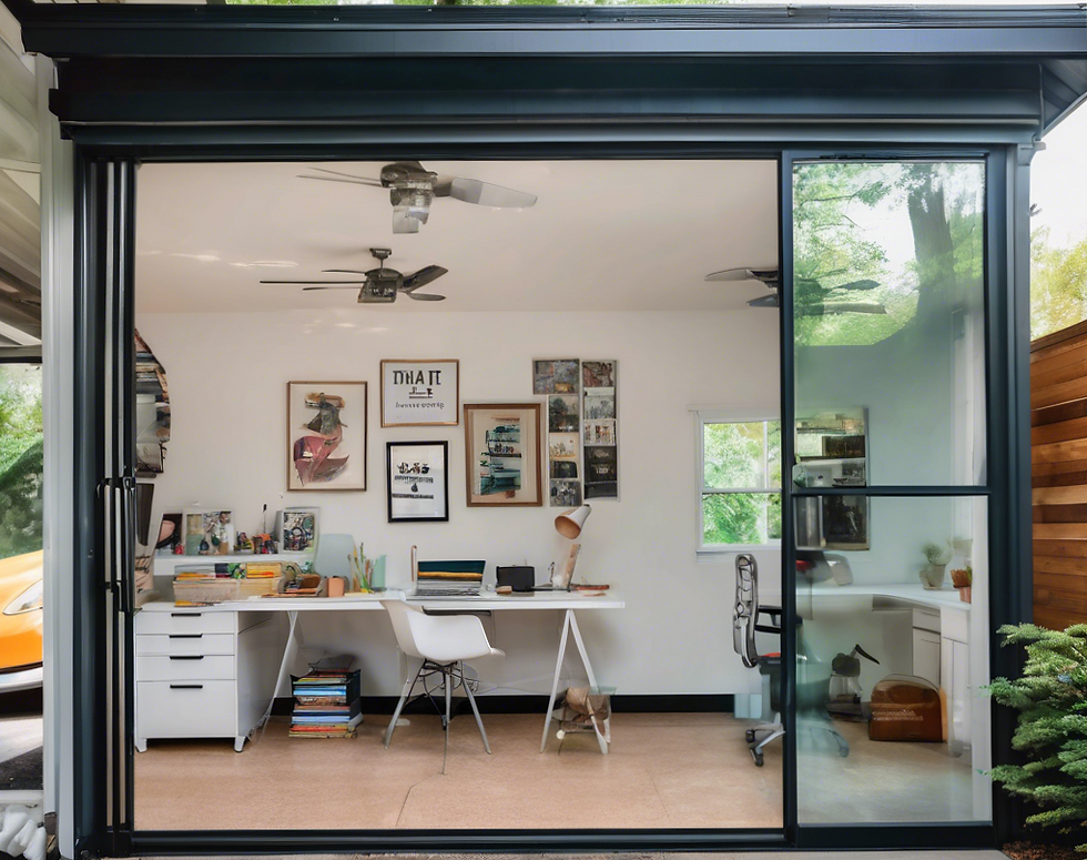 A garage converted to a stylish home art studio and office featuring sliding glass doors