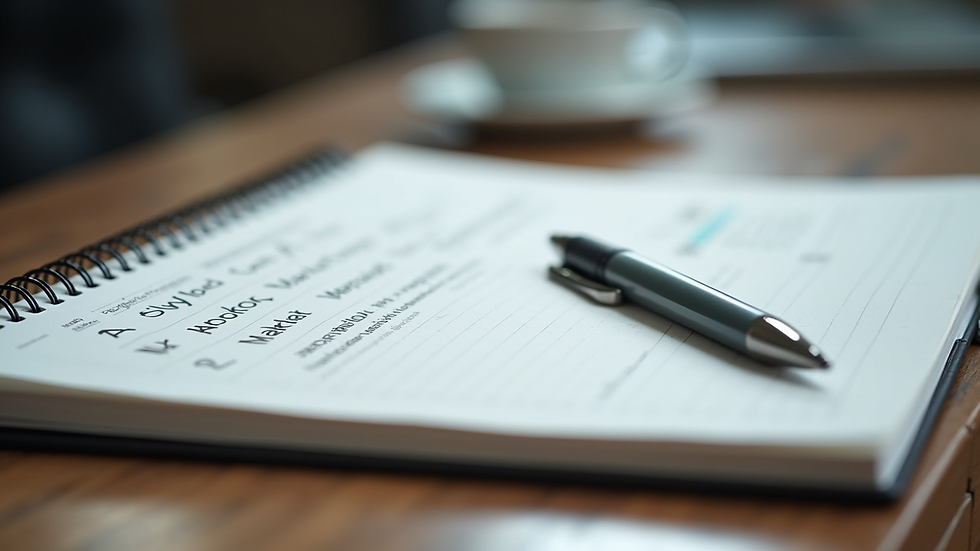 Close-up view of a notebook with marketing notes and a pen
