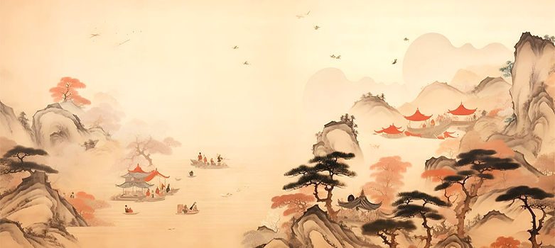 Traditional Chinese painting with sunrise and misty mountains — TCM insights and wellness lifestyle content background