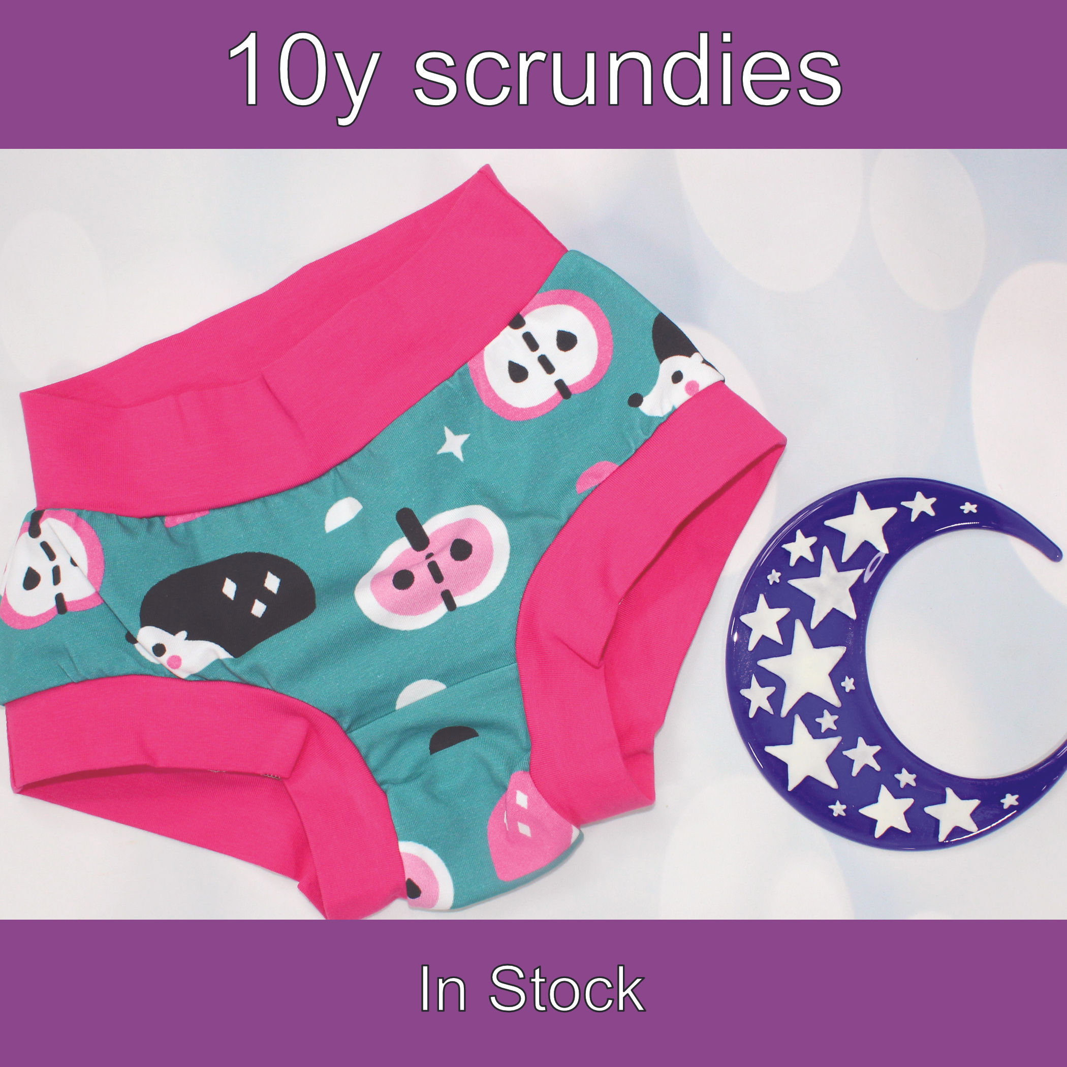 10y Child scrundies. Hedgehogs and apples on teal print with soft pink bands