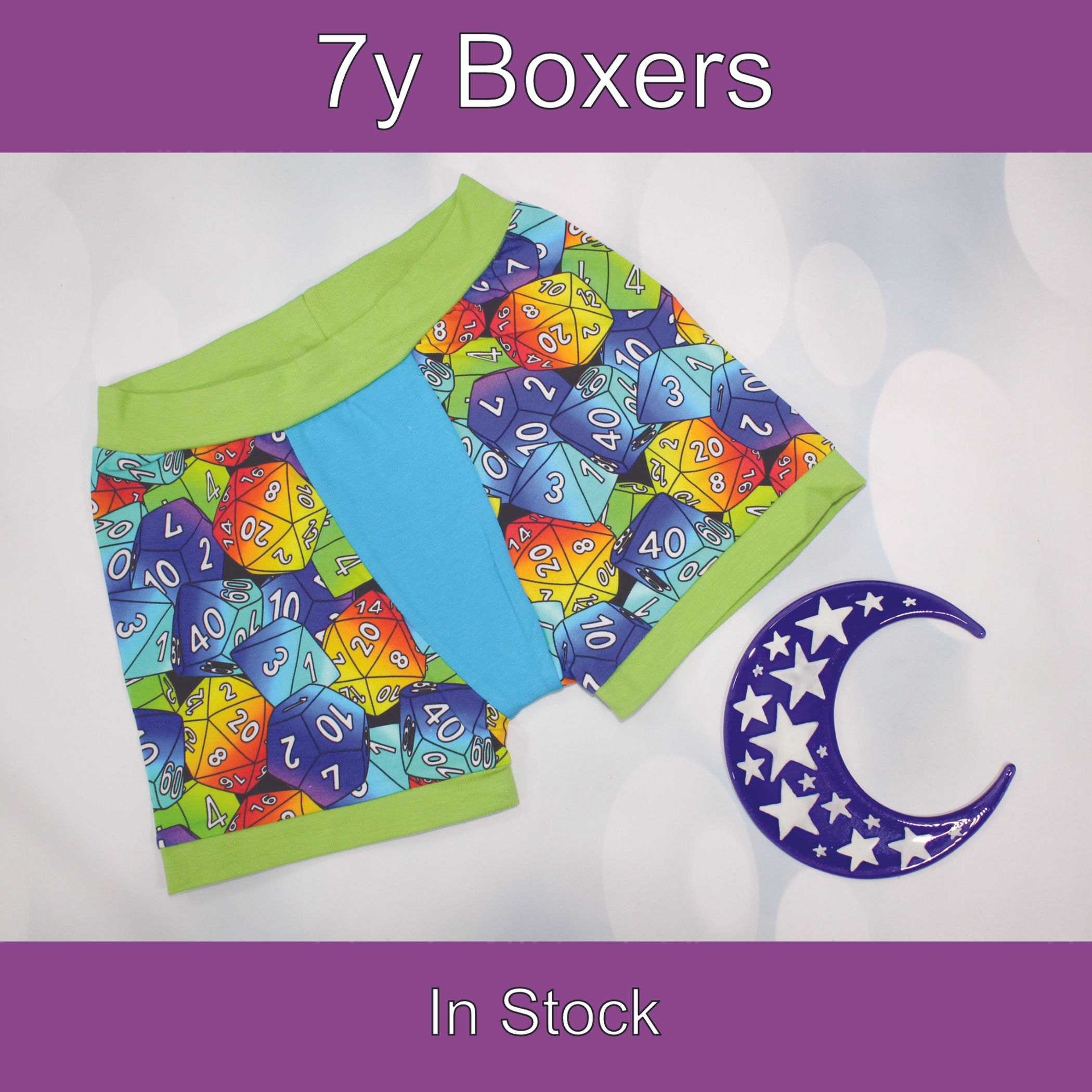 7y Child boxers. Colourful dice print with blue gusset and lime green bands