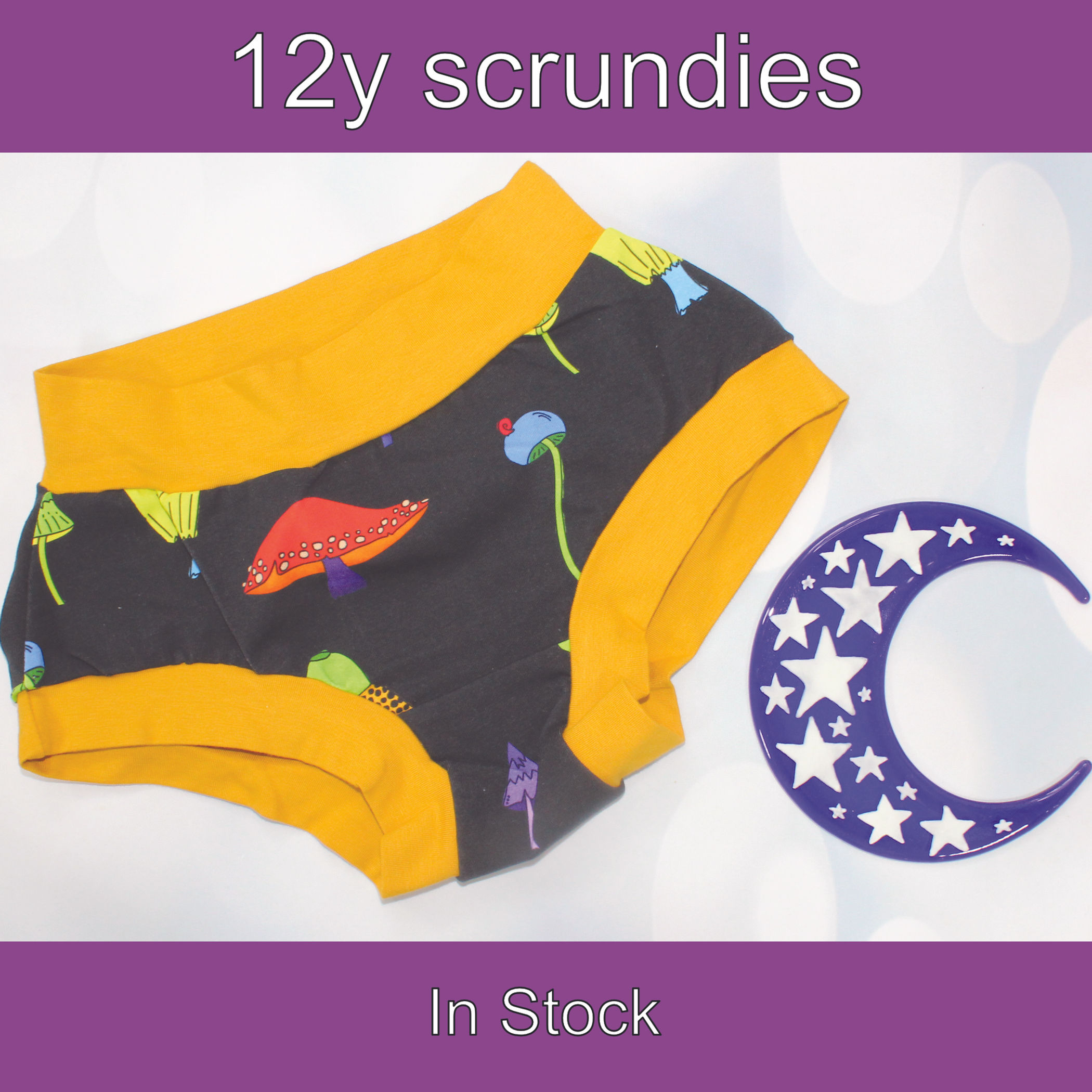 12y Child scrundies. Colourful mushrooms print with soft mustard bands