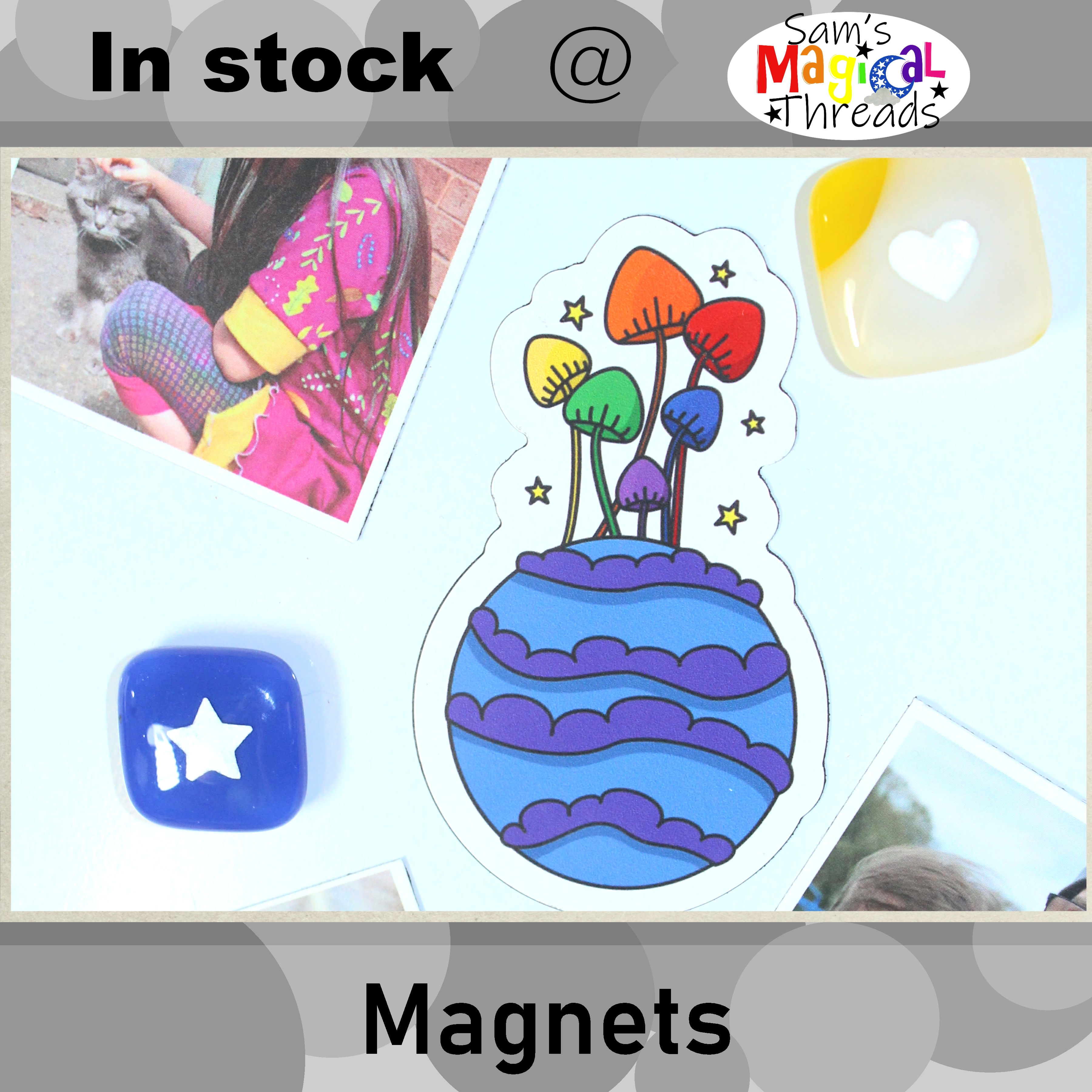 Planet Shroomble, space shrooms fridge magnets