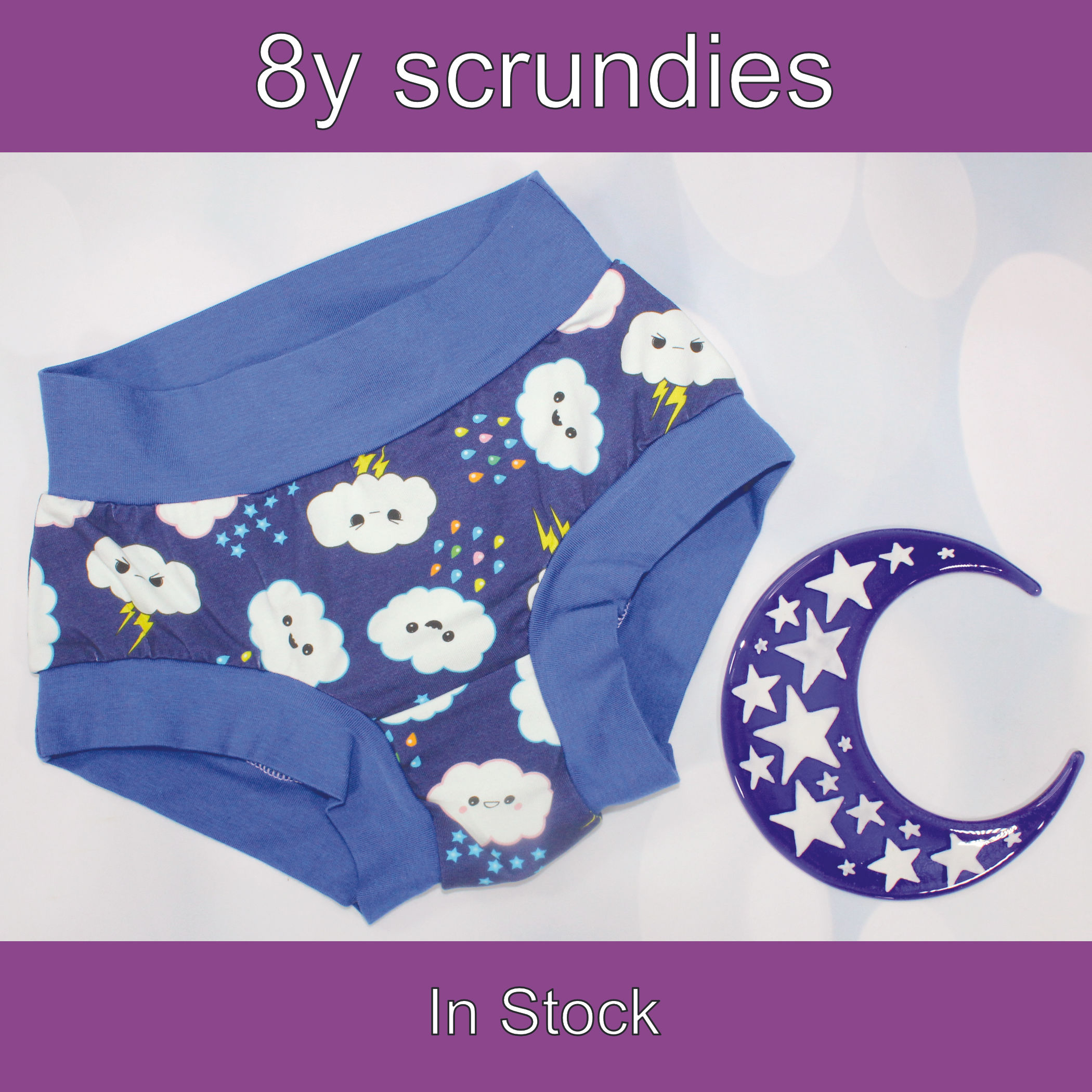 8y Child scrundies. Kawaii clouds print with soft blue bands