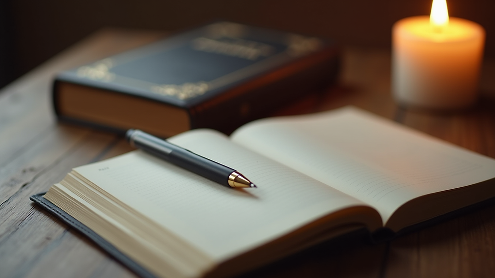 Close-up view of a notebook and pen on a table with a candle and Bible nearby