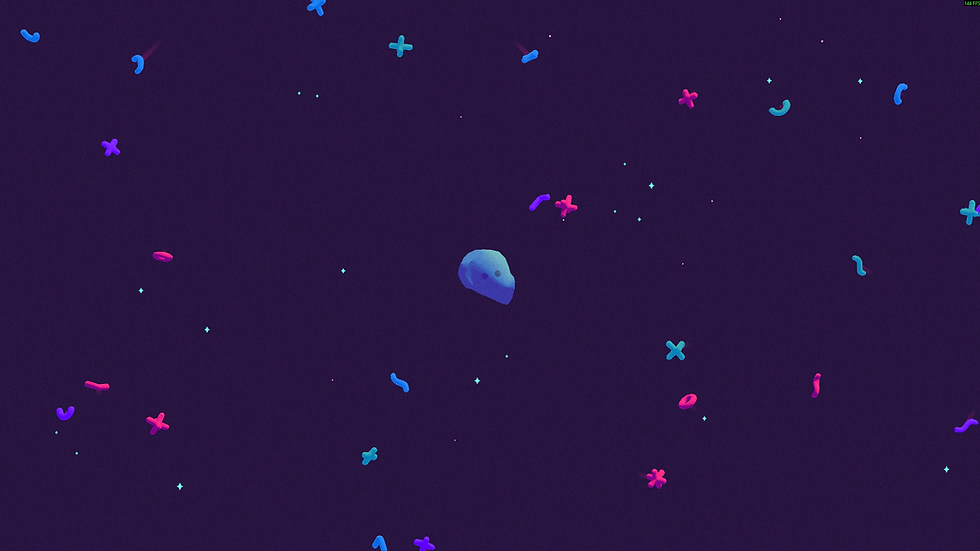 Floating 3D shapes in pink, blue, and purple on a dark purple background, resembling space. A blue abstract head is central. Calm mood.