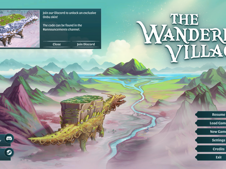 Fantasy landscape with a giant turtle carrying a village. Text: "The Wandering Village." Options menu and Discord invite visible.