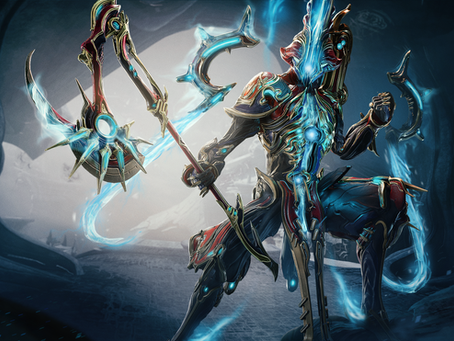Caliban Prime wields glowing weapons, standing in a mystical icy cave. Blue energy emanates, creating a dynamic and intense mood.