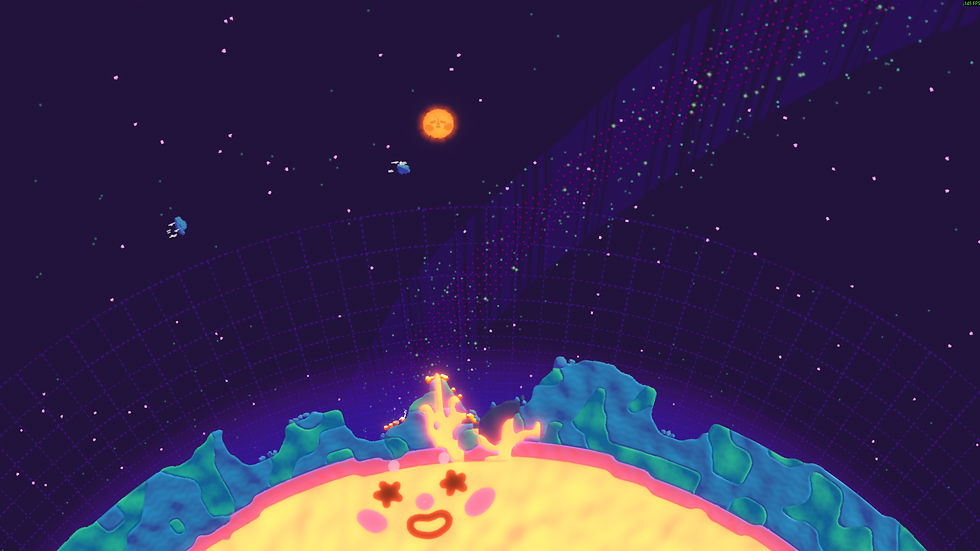 Happy yellow planet with pink face, blue hills, and lava under a starry sky. Spaceship near an orange sun. Playful, cosmic scene.