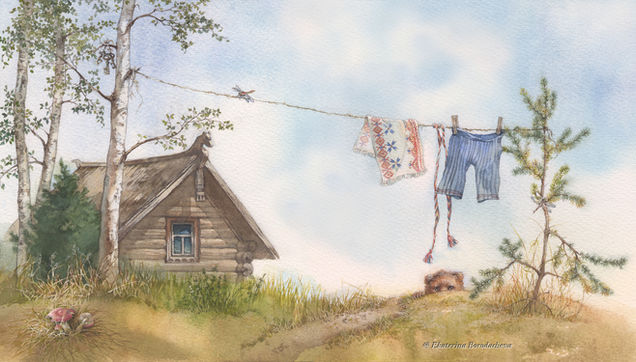 A scenic view with an old log house that looks like a cabin and a clothesline tied to the trees with some pieces of clothing. A bear is peeking out. Surprise, surprise!