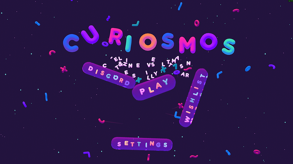 Colorful letters spelling "CURIOSMOS" in a playful, cosmic-themed setting with buttons labeled "DISCORD", "PLAY", "WISHLIST", "SETTINGS".