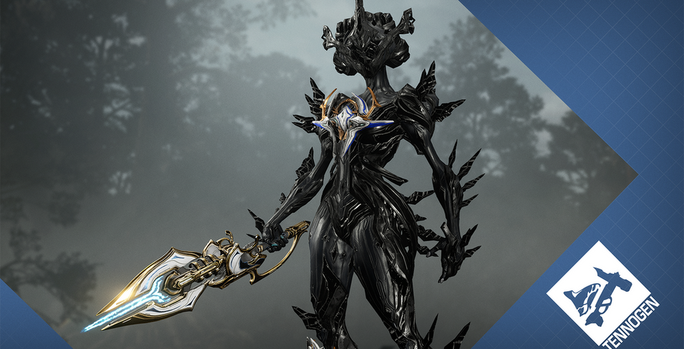 A dark figure stands in front of a forest wielding a sword.