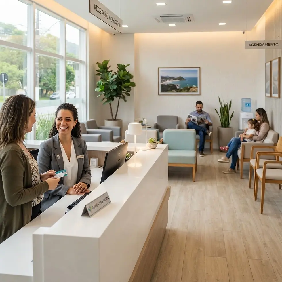 Interior photography of a modern clinic reception area. A receptionist assists a patient at the counter while others wait calmly in the well-lit, spacious waiting room.