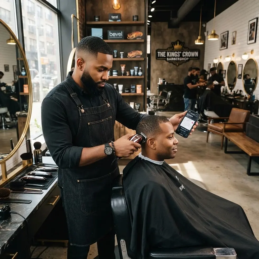 Commercial photography of a barber giving a haircut to a client in a modern barbershop. The focus is on the professional service and stylish environment.