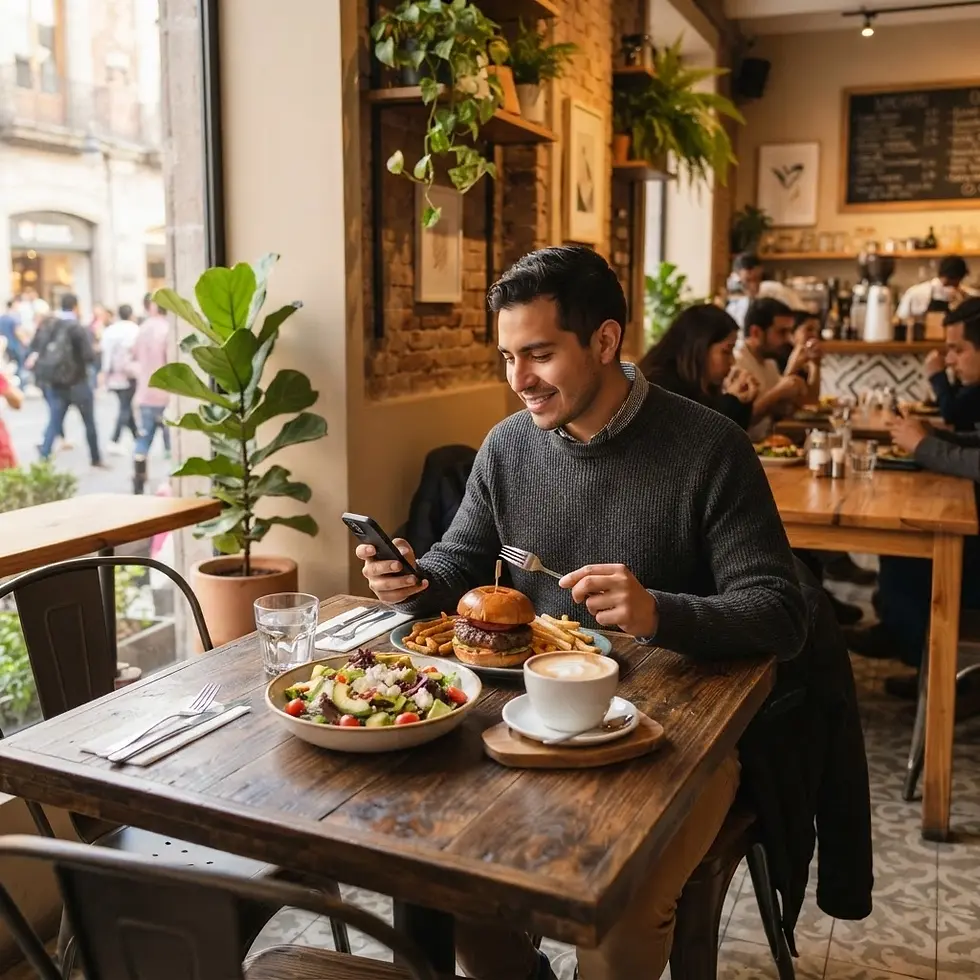 Realistic photography of a man smiling while checking his phone at a cafe table. He is about to eat a burger, fries, and salad in a warm, bustling atmosphere.