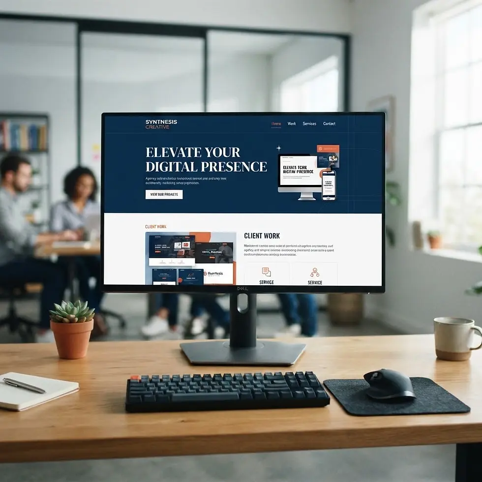Mockup photography showcasing a computer monitor displaying a website designed to elevate digital presence. The scene is set in a modern, professional office environment.