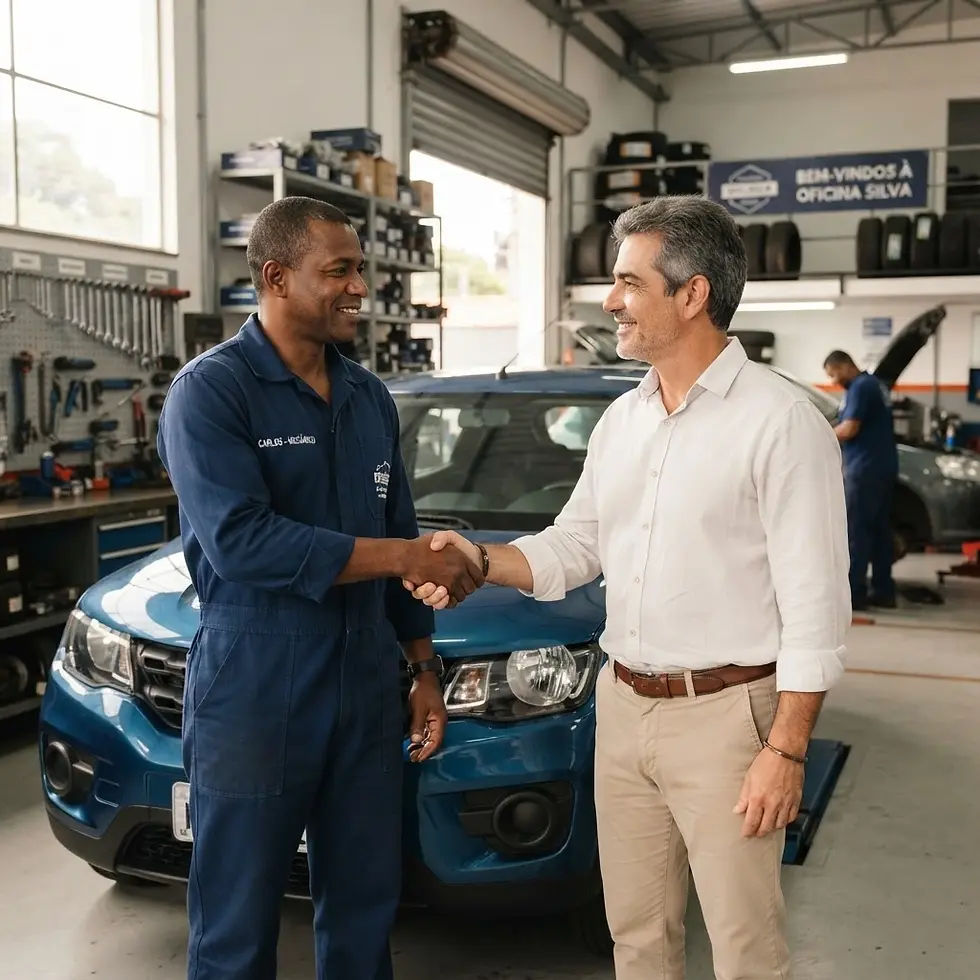 Garage photography showing a mechanic and a customer shaking hands in front of a car, with other mechanics working in the background. The scene conveys a positive service experience.