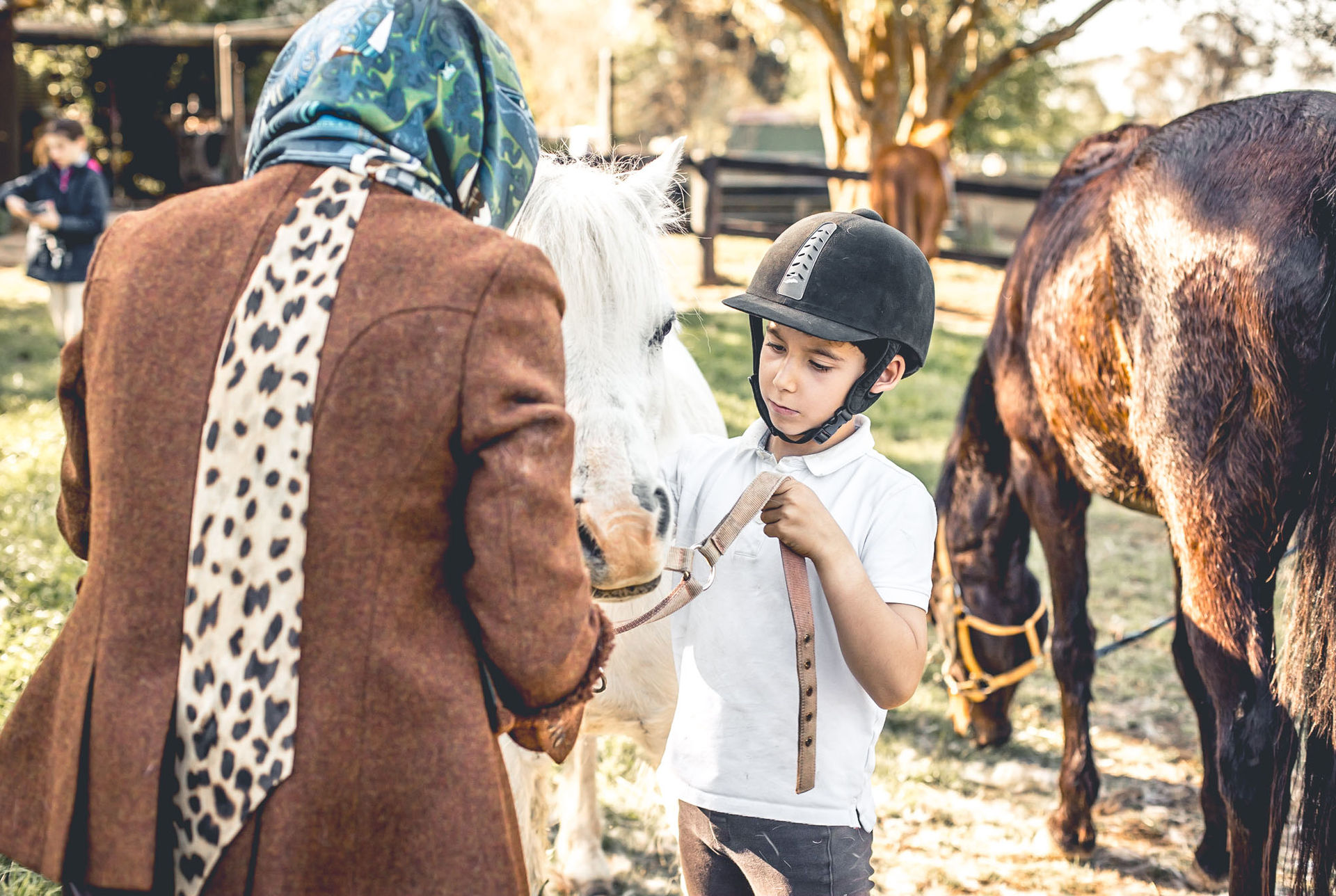 Gai Waterhouse with her grandson William helping him bridle a horse