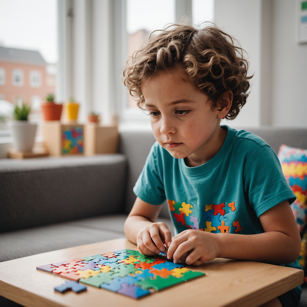 Young boy with curly hair focused on assembling a colorful puzzle at a wooden table. Bright, cozy room with potted plants on the window sill.