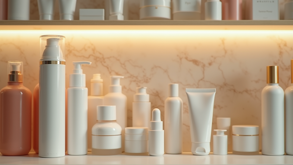 Wide angle view of a shelf filled with skincare products
