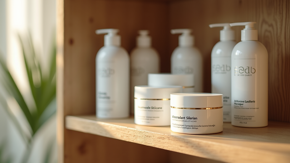 Eye-level view of sustainable skincare products displayed on a wooden shelf