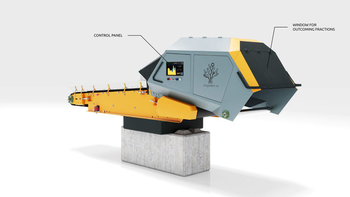 Optical sorter showing control panel and output section for separated fractions.